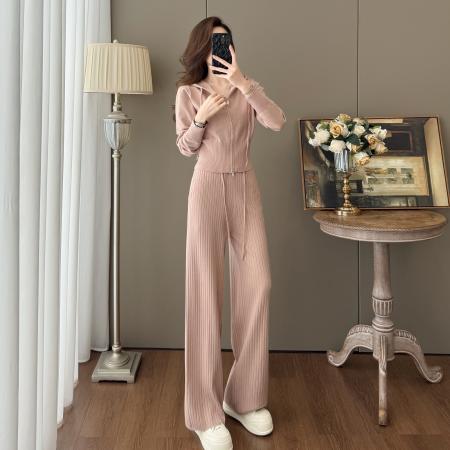 FA52834# 休闲百搭风连帽收腰针织开衫长裤秋季新款修身辣妹显瘦套装  服裝批發女裝批發服飾貨源