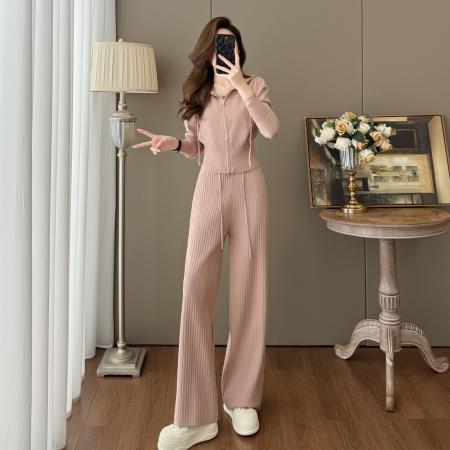 FA52834# 休闲百搭风连帽收腰针织开衫长裤秋季新款修身辣妹显瘦套装  服裝批發女裝批發服飾貨源