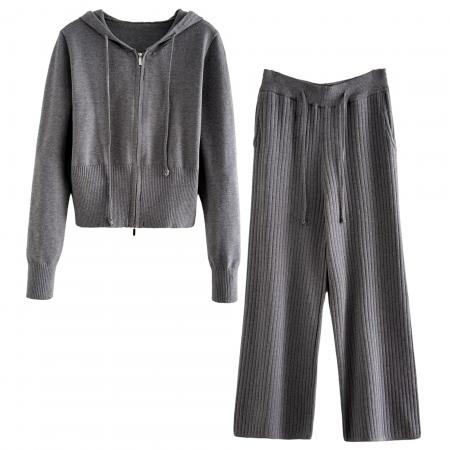 FA52834# 休闲百搭风连帽收腰针织开衫长裤秋季新款修身辣妹显瘦套装  服裝批發女裝批發服飾貨源