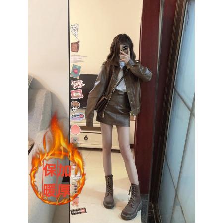 FA52835# 美式咖色机车服pu皮衣外套包臀半身裙套装  服裝批發女裝批發服飾貨源