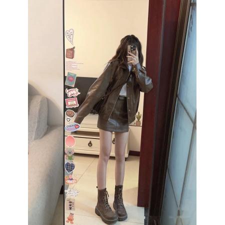 FA52835# 美式咖色机车服pu皮衣外套包臀半身裙套装  服裝批發女裝批發服飾貨源