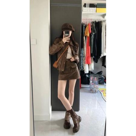 FA52835# 美式咖色机车服pu皮衣外套包臀半身裙套装  服裝批發女裝批發服飾貨源