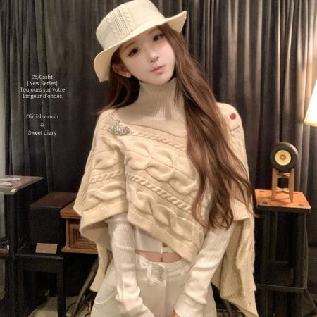 FA52836# 焦糖利口酒vivienw*土星高领麻花针织不规则斗篷  服裝批發女裝批發服飾貨源