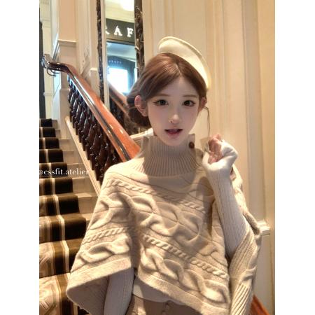 FA52836# 焦糖利口酒vivienw*土星高领麻花针织不规则斗篷  服裝批發女裝批發服飾貨源