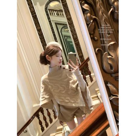 FA52836# 焦糖利口酒vivienw*土星高领麻花针织不规则斗篷  服裝批發女裝批發服飾貨源