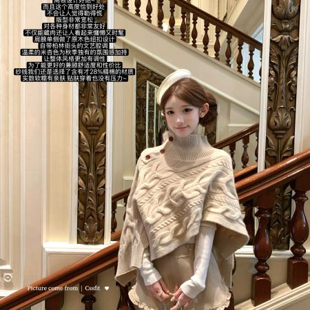 FA52836# 焦糖利口酒vivienw*土星高领麻花针织不规则斗篷  服裝批發女裝批發服飾貨源