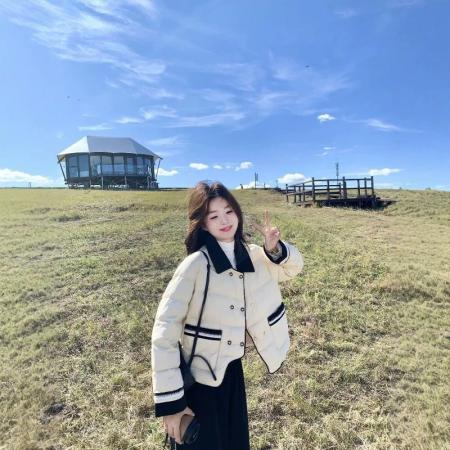 FA52837# 杏色短外套羽绒服杏色小香风百搭款时尚宽松甜美风女装娃娃脸上衣  服裝批發女裝批發服飾貨源