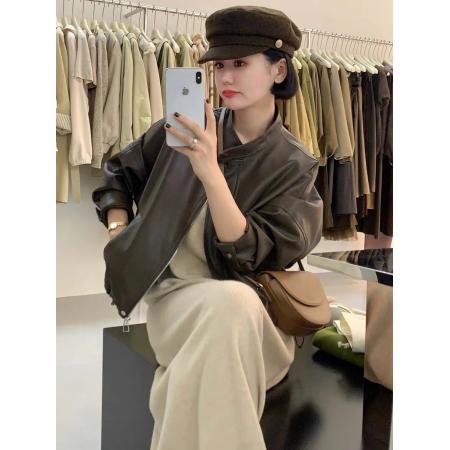 FA52838# 早秋季咖色皮衣外套女皮夹克新款港风短款机车今年流行美式复古  服裝批發女裝批發服飾貨源
