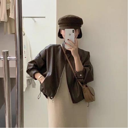 FA52838# 早秋季咖色皮衣外套女皮夹克新款港风短款机车今年流行美式复古  服裝批發女裝批發服飾貨源