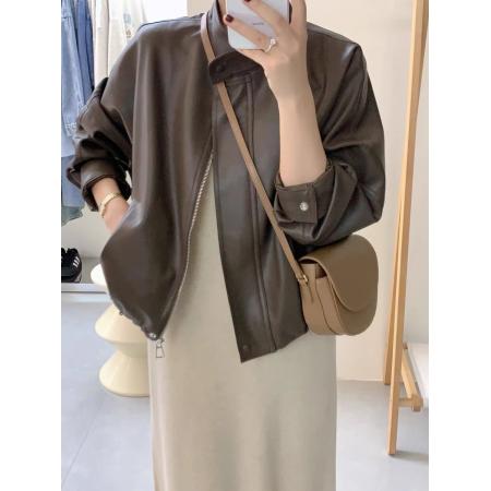 FA52838# 早秋季咖色皮衣外套女皮夹克新款港风短款机车今年流行美式复古  服裝批發女裝批發服飾貨源