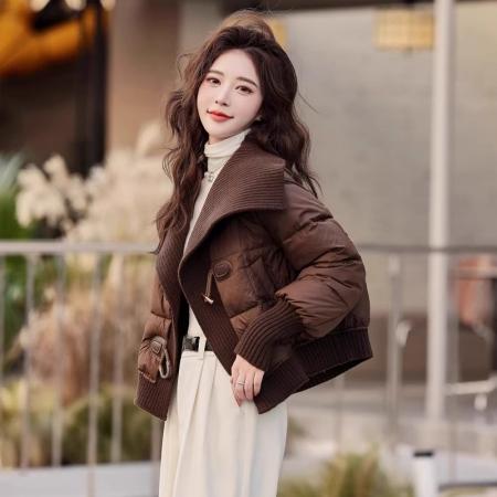 FA52839# 针织拼接假两件羽绒棉服女冬季大码韩版时尚设计感牛角扣棉衣外套  服裝批發女裝批發服飾貨源