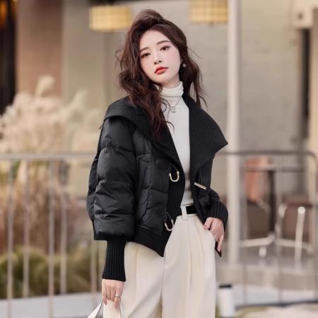 FA52839# 针织拼接假两件羽绒棉服女冬季大码韩版时尚设计感牛角扣棉衣外套  服裝批發女裝批發服飾貨源