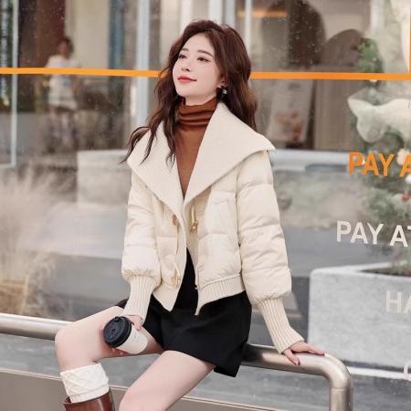 FA52839# 针织拼接假两件羽绒棉服女冬季大码韩版时尚设计感牛角扣棉衣外套  服裝批發女裝批發服飾貨源