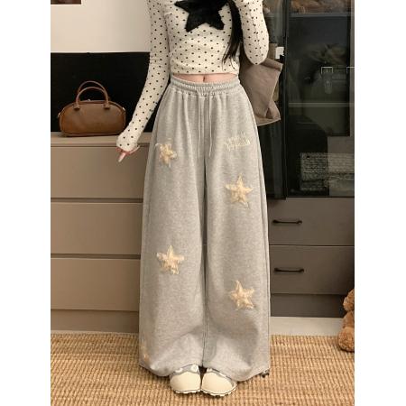 FA52840# 美式复古星星毛茸刺绣运动卫裤女宽松慵懒风显瘦阔腿休闲拖地长裤  服裝批發女裝批發服飾貨源