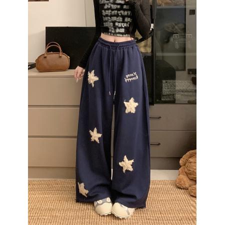 FA52840# 美式复古星星毛茸刺绣运动卫裤女宽松慵懒风显瘦阔腿休闲拖地长裤  服裝批發女裝批發服飾貨源