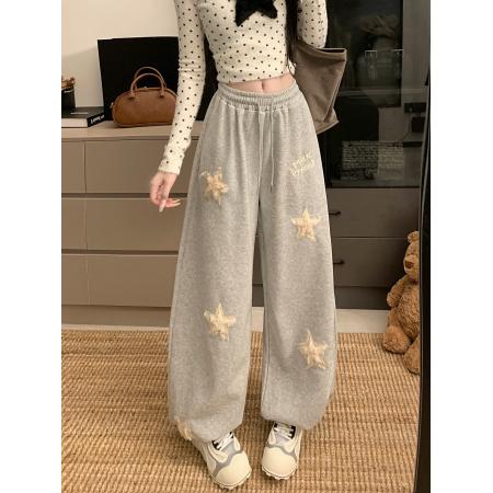 FA52840# 美式复古星星毛茸刺绣运动卫裤女宽松慵懒风显瘦阔腿休闲拖地长裤  服裝批發女裝批發服飾貨源