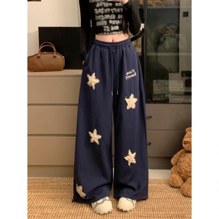 FA52840# 美式复古星星毛茸刺绣运动卫裤女宽松慵懒风显瘦阔腿休闲拖地长裤  服裝批發女裝批發服飾貨源