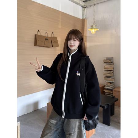 FA52841# 韩系慵懒可爱腊肠小狗立领卫衣外套女撞色宽松休闲上衣潮  服裝批發女裝批發服飾貨源