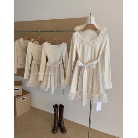 FA52842# 猫年玉桂绒雪软糯蕾丝珍珠蓬纱毛绒下摆短款仙女连衣裙  服裝批發女裝批發服飾貨源