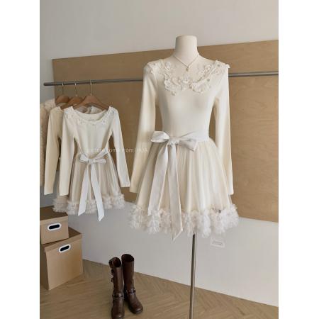 FA52842# 猫年玉桂绒雪软糯蕾丝珍珠蓬纱毛绒下摆短款仙女连衣裙  服裝批發女裝批發服飾貨源