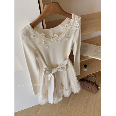 FA52842# 猫年玉桂绒雪软糯蕾丝珍珠蓬纱毛绒下摆短款仙女连衣裙  服裝批發女裝批發服飾貨源