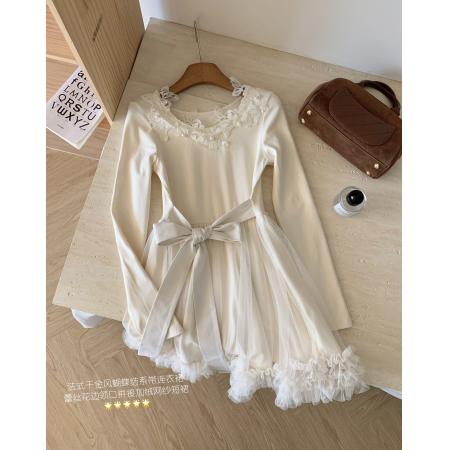 FA52842# 猫年玉桂绒雪软糯蕾丝珍珠蓬纱毛绒下摆短款仙女连衣裙  服裝批發女裝批發服飾貨源