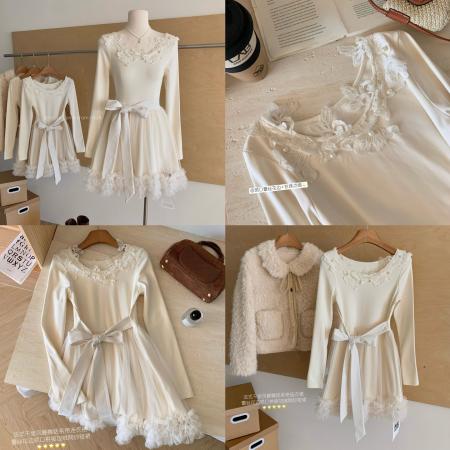 FA52842# 猫年玉桂绒雪软糯蕾丝珍珠蓬纱毛绒下摆短款仙女连衣裙  服裝批發女裝批發服飾貨源