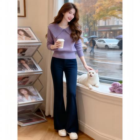 FA52846# 韩系高级感超好看紫色娃娃领针织衫毛衣女秋冬新款设计感小众上衣  服裝批發女裝批發服飾貨源