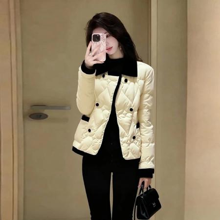 FA52847# 撞色拼接常规保暖棉服女冬季新款韩系百搭极简风棉袄长袖外套  服裝批發女裝批發服飾貨源