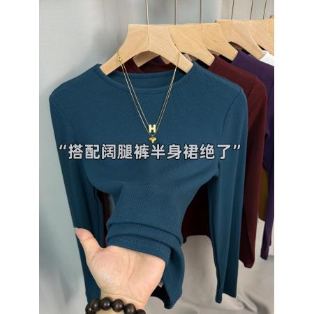 FA52854# 小圆领正肩长袖打底衫女春秋新款时尚百搭显瘦弹力螺纹内搭上衣潮  服裝批發女裝批發服飾貨源