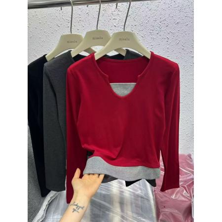 FA52856# 冬季新款时尚假两件拼接长袖T恤女装修身显瘦气质打底衫上衣  服裝批發女裝批發服飾貨源