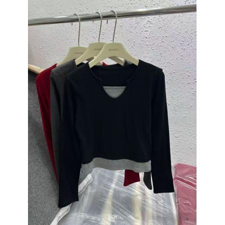 FA52856# 冬季新款时尚假两件拼接长袖T恤女装修身显瘦气质打底衫上衣  服裝批發女裝批發服飾貨源
