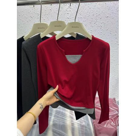 FA52856# 冬季新款时尚假两件拼接长袖T恤女装修身显瘦气质打底衫上衣  服裝批發女裝批發服飾貨源