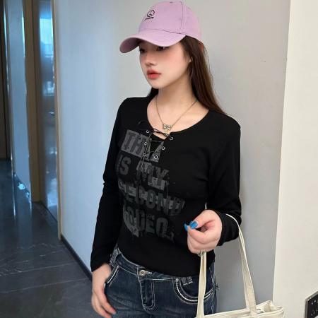 FA52857# 秋季新款韩版字母印花长袖T恤女V领短款上衣打底衫  服裝批發女裝批發服飾貨源