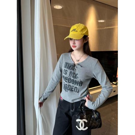 FA52857# 秋季新款韩版字母印花长袖T恤女V领短款上衣打底衫  服裝批發女裝批發服飾貨源