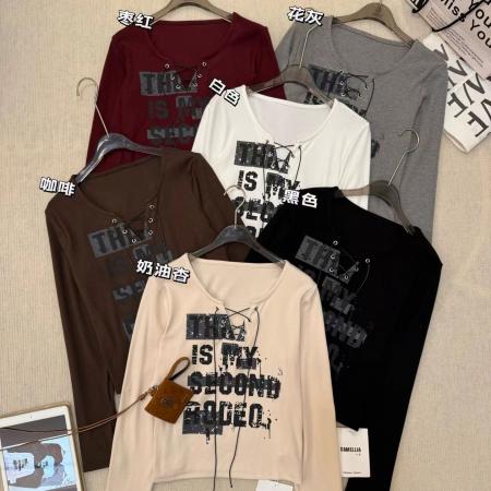 FA52857# 秋季新款韩版字母印花长袖T恤女V领短款上衣打底衫  服裝批發女裝批發服飾貨源