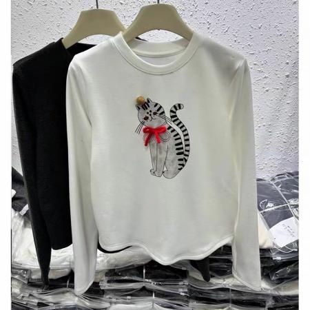 FA52858# 欧洲站撞色猫咪印花磨毛长袖T恤冬季新款女减龄小众百搭上衣  服裝批發女裝批發服飾貨源