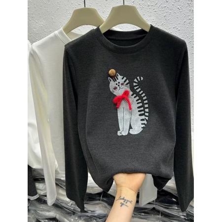 FA52858# 欧洲站撞色猫咪印花磨毛长袖T恤冬季新款女减龄小众百搭上衣  服裝批發女裝批發服飾貨源