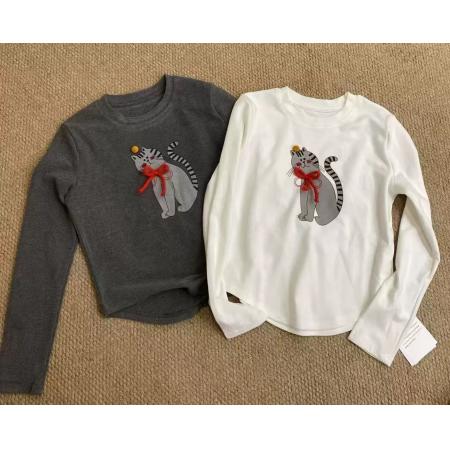 FA52858# 欧洲站撞色猫咪印花磨毛长袖T恤冬季新款女减龄小众百搭上衣  服裝批發女裝批發服飾貨源