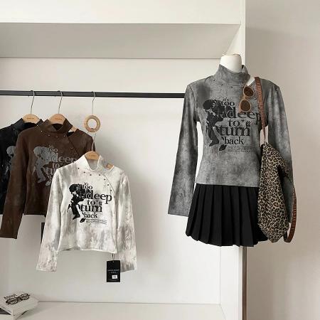 FA52859# 美式复古字母印花长袖T恤女秋冬加厚修身百搭辣妹半高领上衣  服裝批發女裝批發服飾貨源