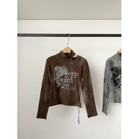 FA52859# 美式复古字母印花长袖T恤女秋冬加厚修身百搭辣妹半高领上衣  服裝批發女裝批發服飾貨源