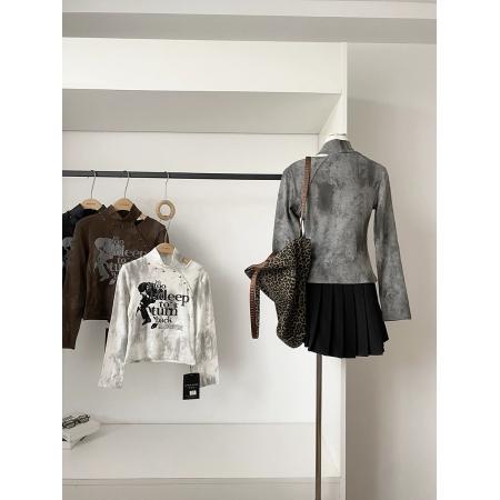 FA52859# 美式复古字母印花长袖T恤女秋冬加厚修身百搭辣妹半高领上衣  服裝批發女裝批發服飾貨源