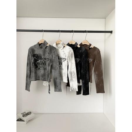 FA52859# 美式复古字母印花长袖T恤女秋冬加厚修身百搭辣妹半高领上衣  服裝批發女裝批發服飾貨源