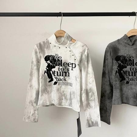 FA52859# 美式复古字母印花长袖T恤女秋冬加厚修身百搭辣妹半高领上衣  服裝批發女裝批發服飾貨源