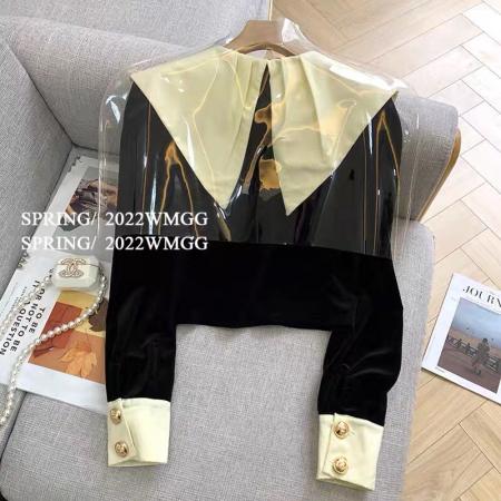 FA52860# 黑色丝绒衬衫女设计感小众法式高级感大翻领时尚洋气短款长袖上衣  服裝批發女裝批發服飾貨源