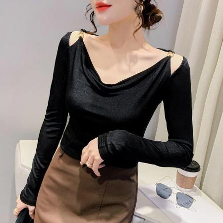 FA52863# 欧洲站春装时尚性感打底衫新款韩版洋气链饰修身显瘦小衫T恤女潮  服裝批發女裝批發服飾貨源