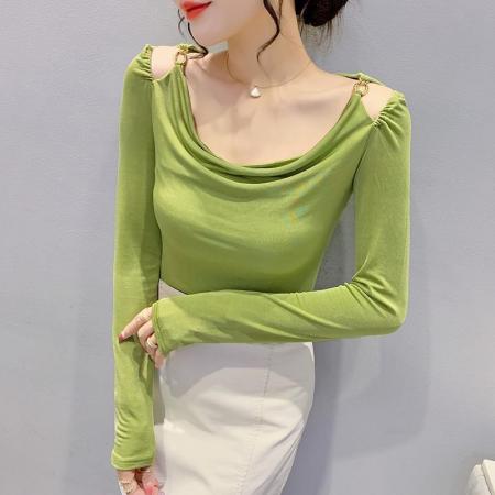 FA52863# 欧洲站春装时尚性感打底衫新款韩版洋气链饰修身显瘦小衫T恤女潮  服裝批發女裝批發服飾貨源