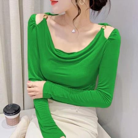 FA52863# 欧洲站春装时尚性感打底衫新款韩版洋气链饰修身显瘦小衫T恤女潮  服裝批發女裝批發服飾貨源