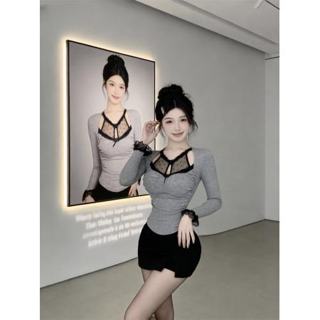 FA52865# 纯欲设计蕾丝拼接挂脖收腰显瘦上衣打底衫女T恤  服裝批發女裝批發服飾貨源