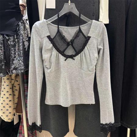 FA52865# 纯欲设计蕾丝拼接挂脖收腰显瘦上衣打底衫女T恤  服裝批發女裝批發服飾貨源